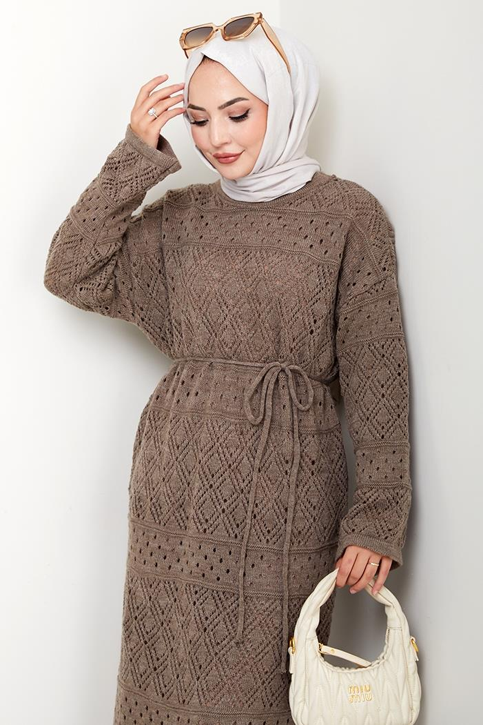 Dantel Motifli Astarlı Triko Elbise 1601 - Açık Kahve