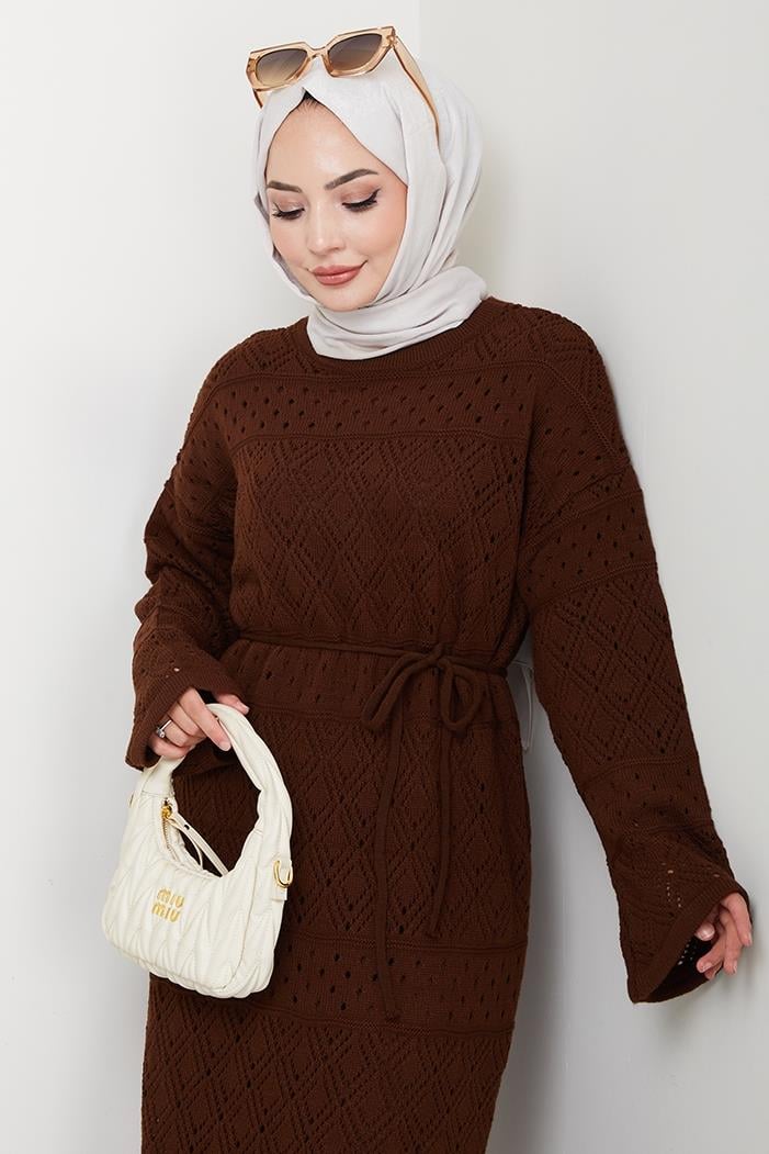 Dantel Motifli Astarlı Triko Elbise 1601 - Acı Kahve