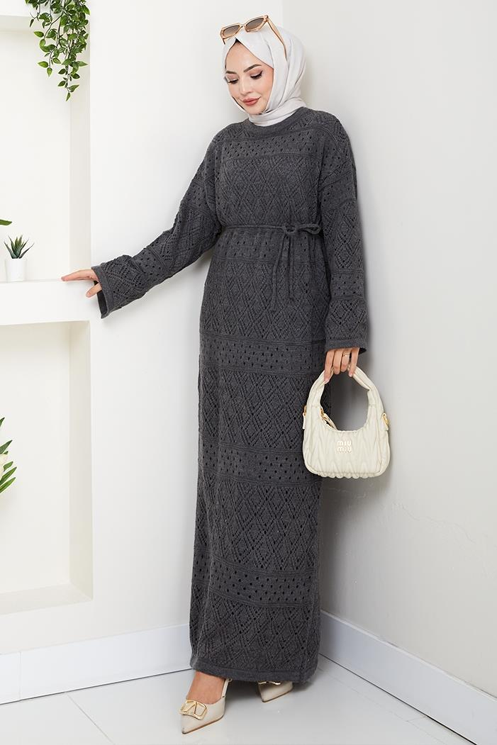 Dantel Motifli Astarlı Triko Elbise 1601 - Antrasit