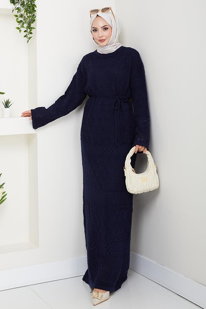 Dantel Motifli Astarlı Triko Elbise 1601 - Lacivert