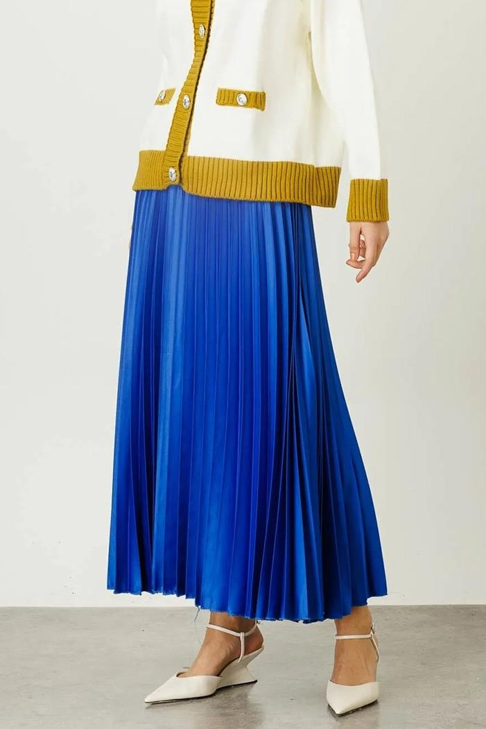 Deri Görünümlü Piliseli Etek 736 - Saks Mavisi