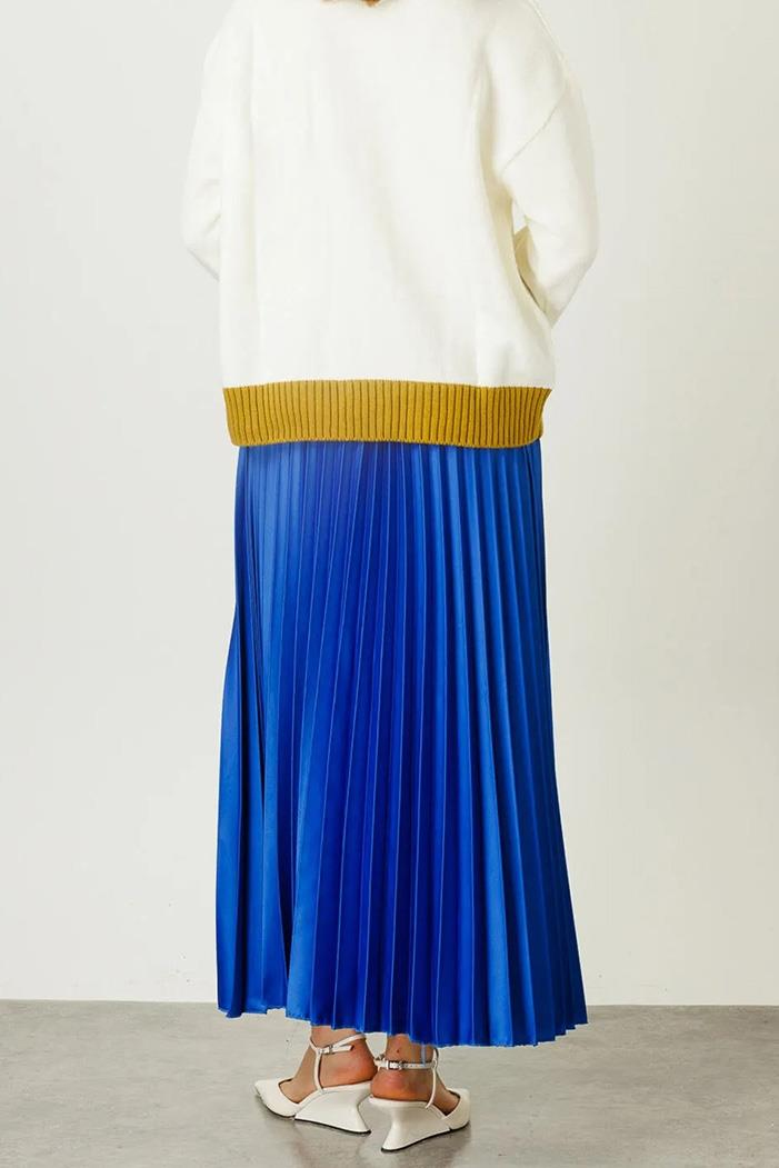 Deri Görünümlü Piliseli Etek 736 - Saks Mavisi