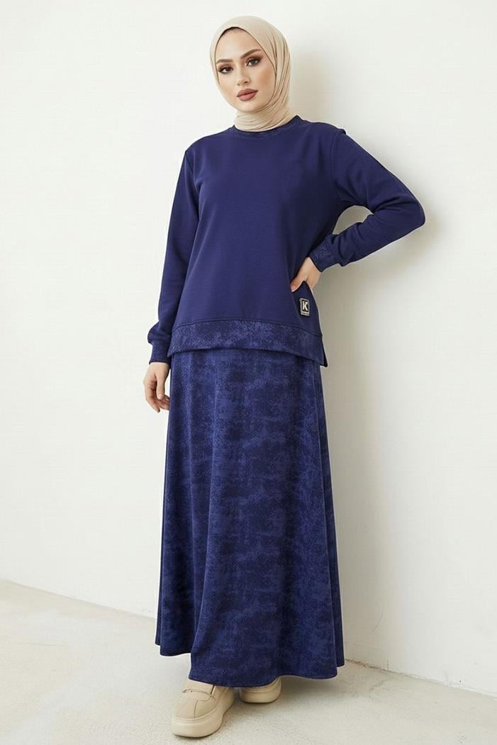 Desenli Oysho Tunik Etek İkili Takım 1675 - Lacivert