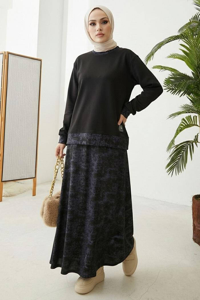 Desenli Oysho Tunik Etek İkili Takım 1675 - Siyah