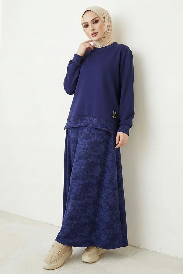 Desenli Oysho Tunik Etek İkili Takım 1675 - Lacivert