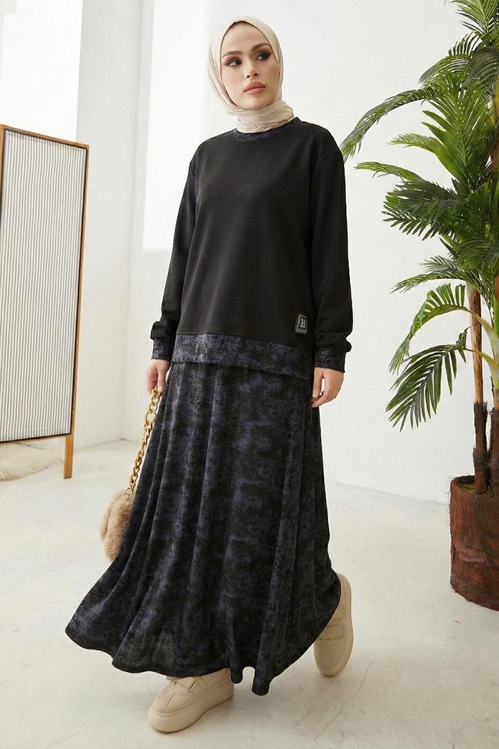 Desenli Oysho Tunik Etek İkili Takım 1675 - Siyah