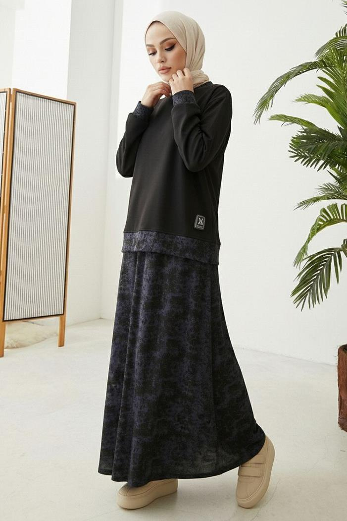 Desenli Oysho Tunik Etek İkili Takım 1675 - Siyah