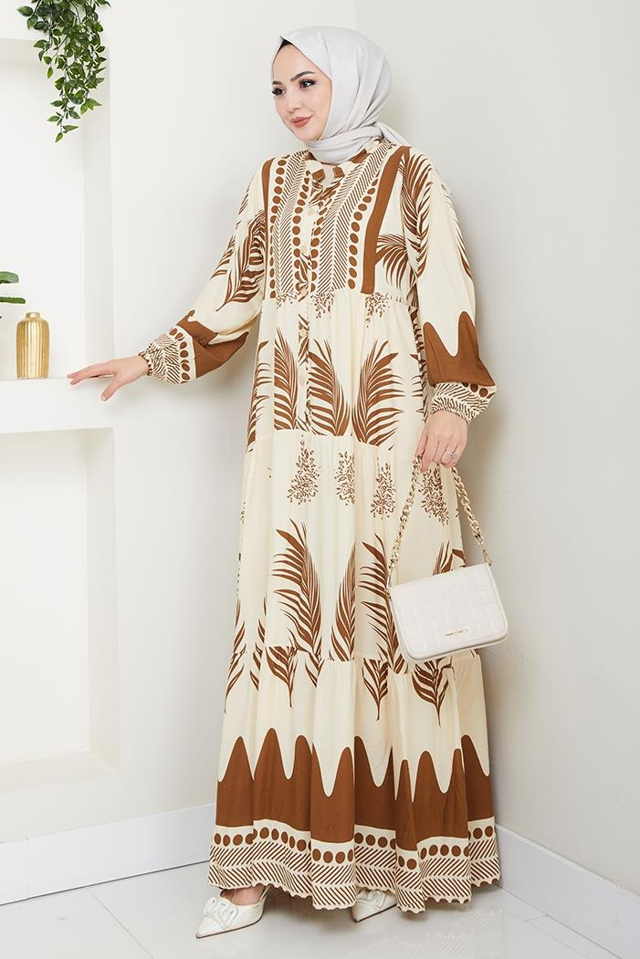 Dilar Yarım Düğmeli Dokuma Viskon Elbise 1484 - Kahve