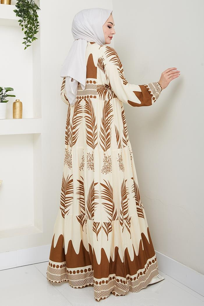 Dilar Yarım Düğmeli Dokuma Viskon Elbise 1484 - Kahve