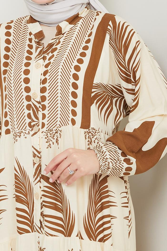 Dilar Yarım Düğmeli Dokuma Viskon Elbise 1484 - Kahve