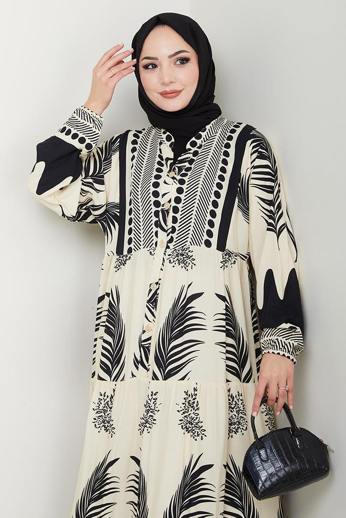 Dilar Yarım Düğmeli Dokuma Viskon Elbise 1484 -Siyah