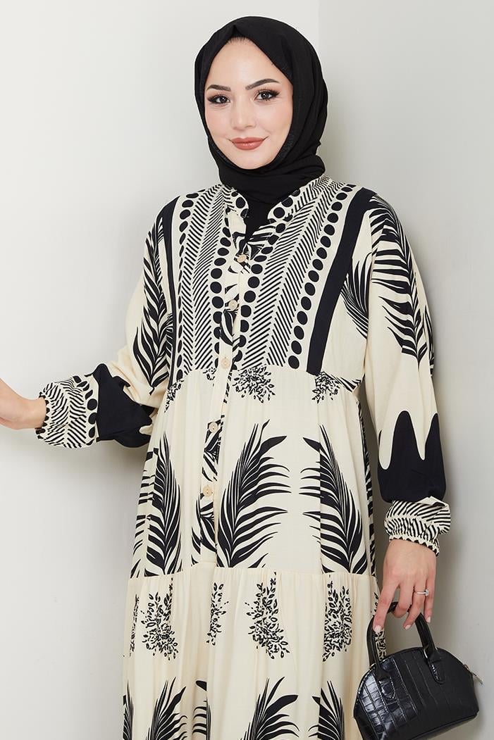 Dilar Yarım Düğmeli Dokuma Viskon Elbise 1484 -Siyah