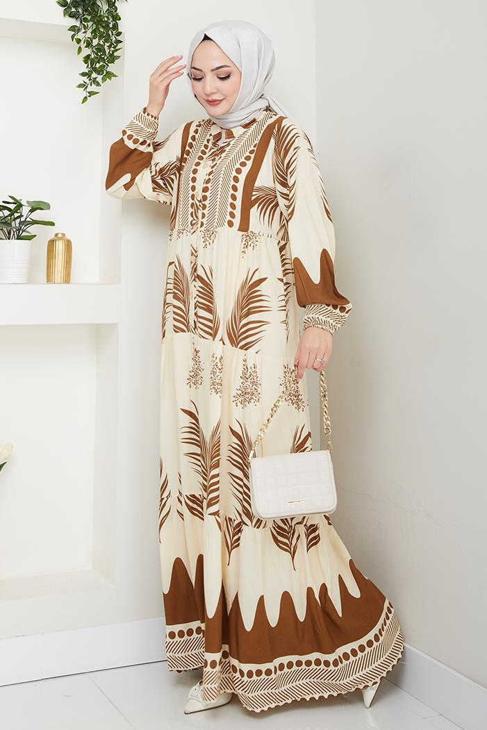 Dilar Yarım Düğmeli Dokuma Viskon Elbise 1484 - Kahve