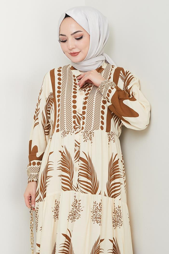 Dilar Yarım Düğmeli Dokuma Viskon Elbise 1484 - Kahve