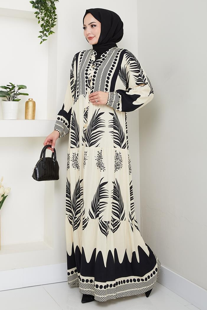 Dilar Yarım Düğmeli Dokuma Viskon Elbise 1484 -Siyah