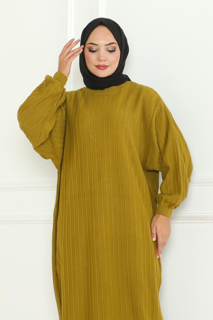 Diyel Balon Kol Triko Elbise 1127 - Yağ Yeşili