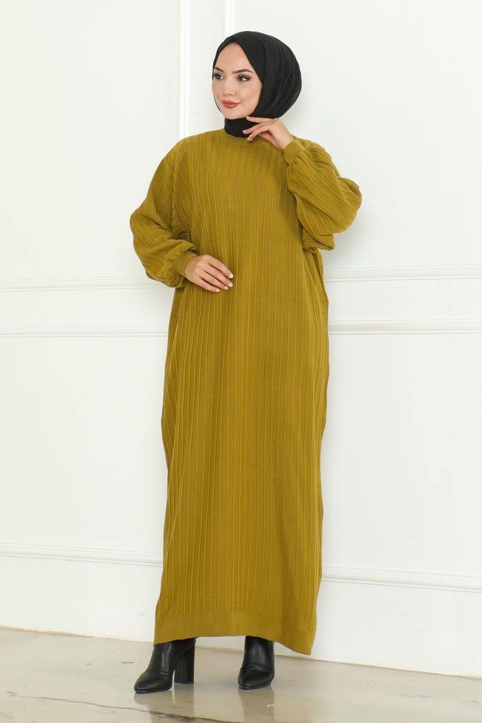 Diyel Balon Kol Triko Elbise 1127 - Yağ Yeşili