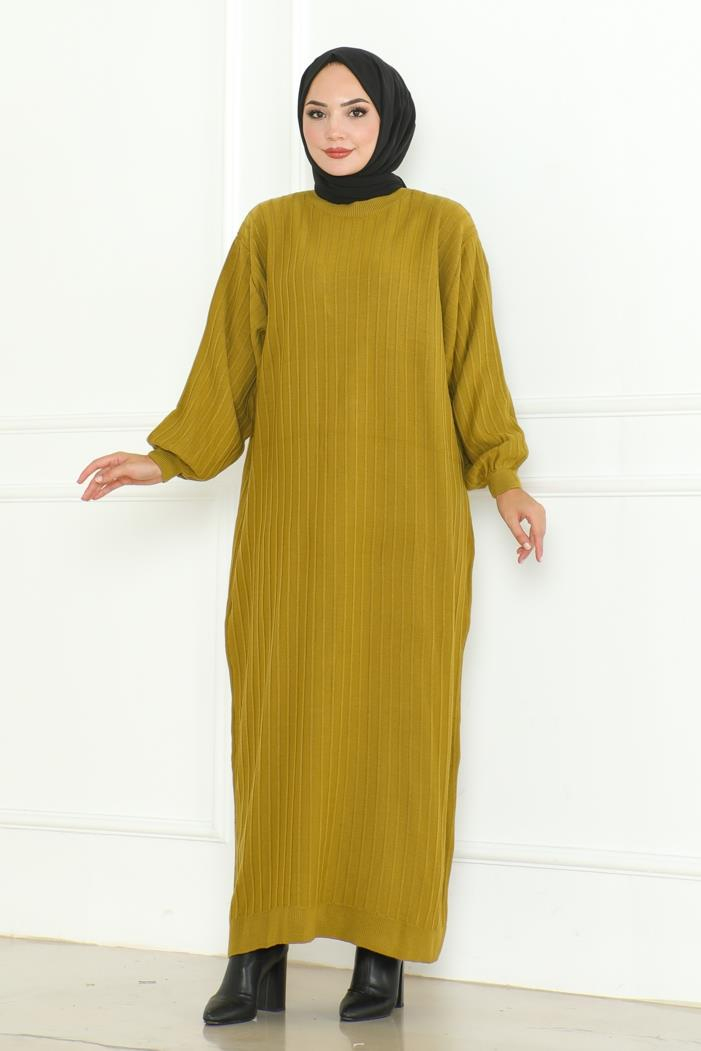 Diyel Balon Kol Triko Elbise 1127 - Yağ Yeşili