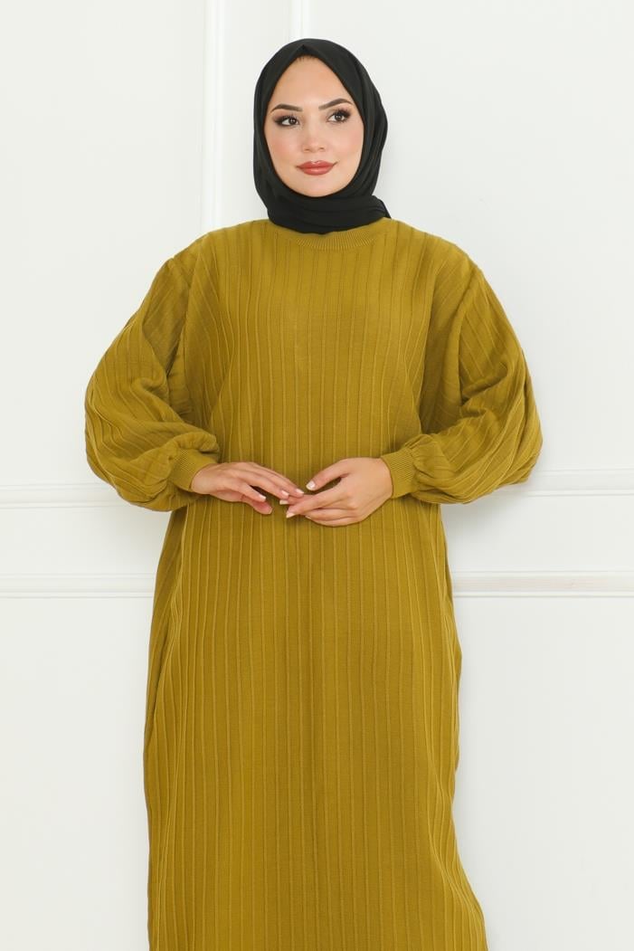 Diyel Balon Kol Triko Elbise 1127 - Yağ Yeşili