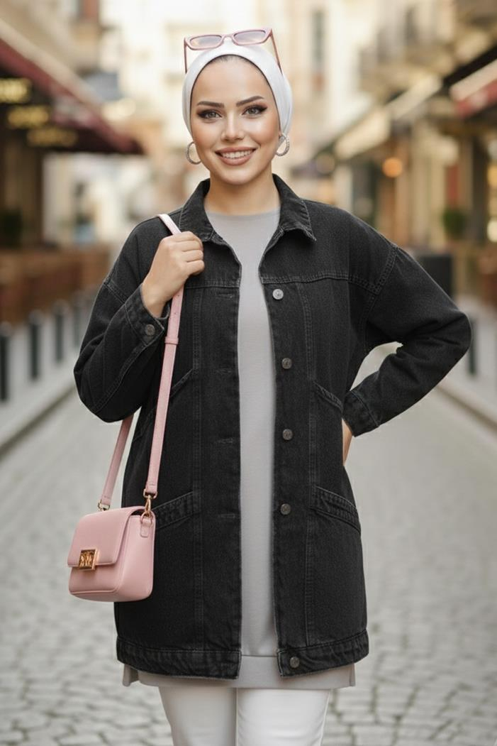 Düğmeli Cepli Kot Ceket 1672 - Siyah