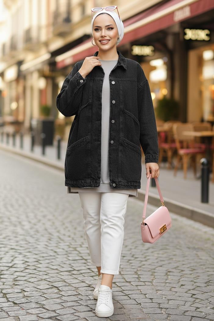 Düğmeli Cepli Kot Ceket 1672 - Siyah