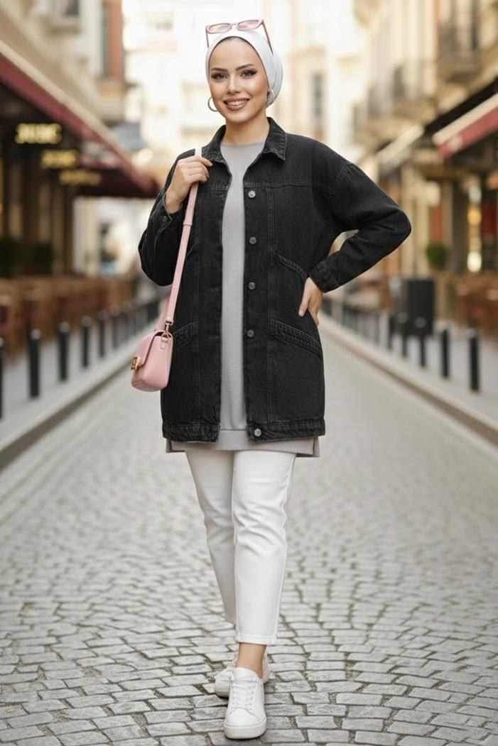 Düğmeli Cepli Kot Ceket 1672 - Siyah