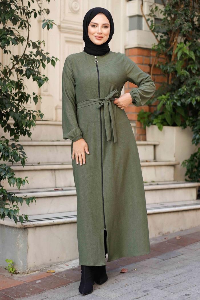 Edna Fermuarlı Tesettür Ferace 1265 - Haki