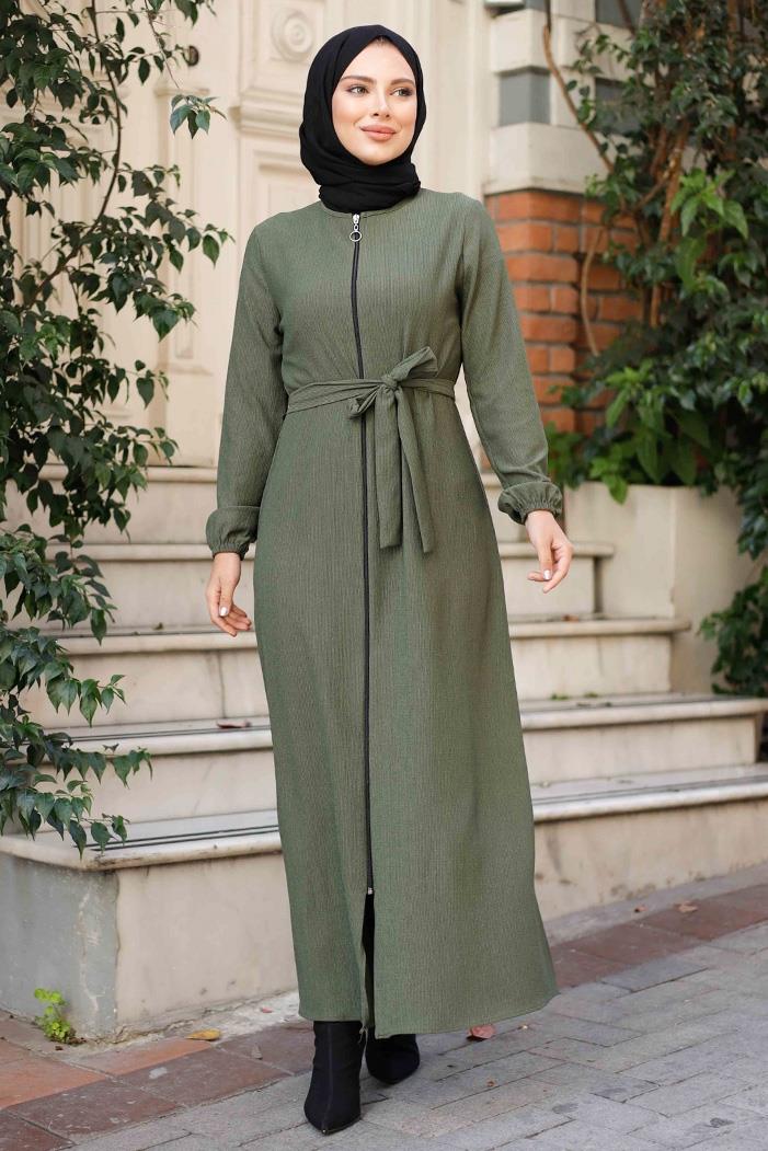 Edna Fermuarlı Tesettür Ferace 1265 - Haki