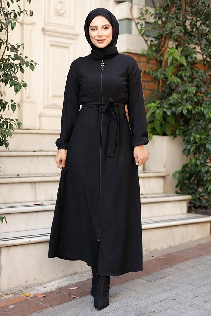 Edna Fermuarlı Tesettür Ferace 1265 - Siyah