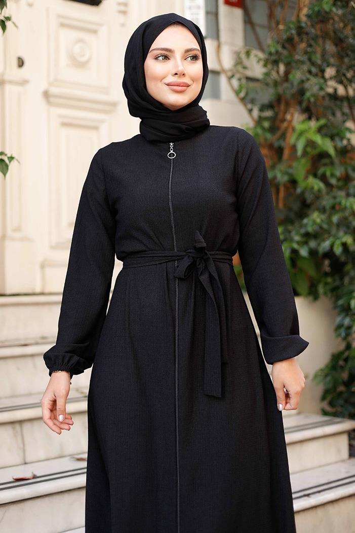Edna Fermuarlı Tesettür Ferace 1265 - Siyah