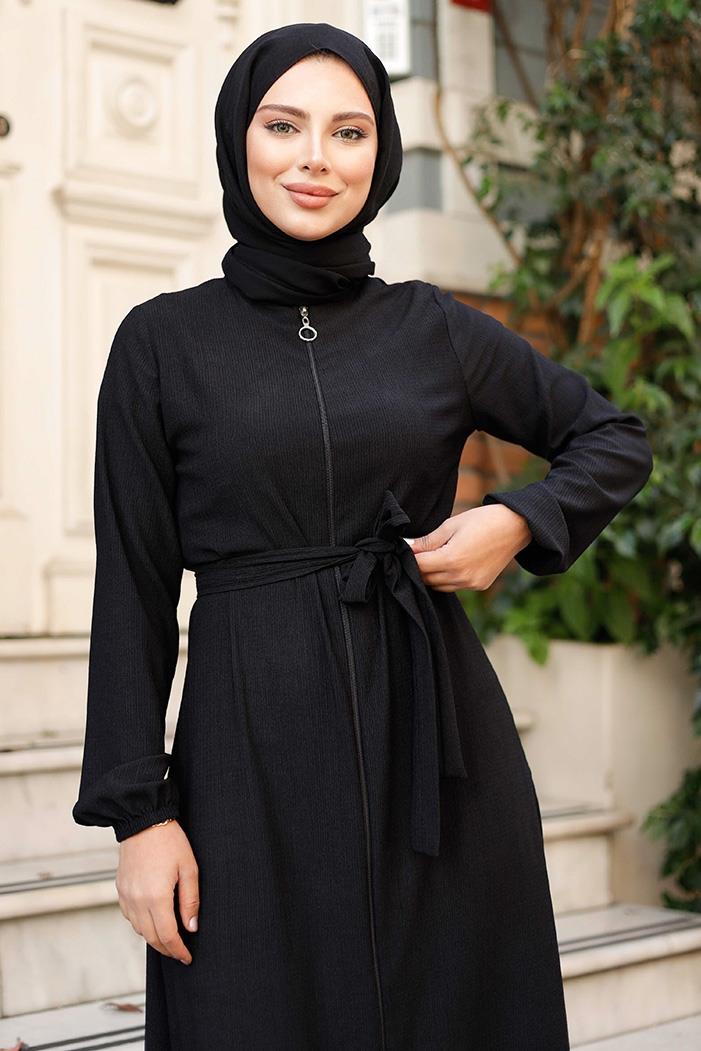 Edna Fermuarlı Tesettür Ferace 1265 - Siyah