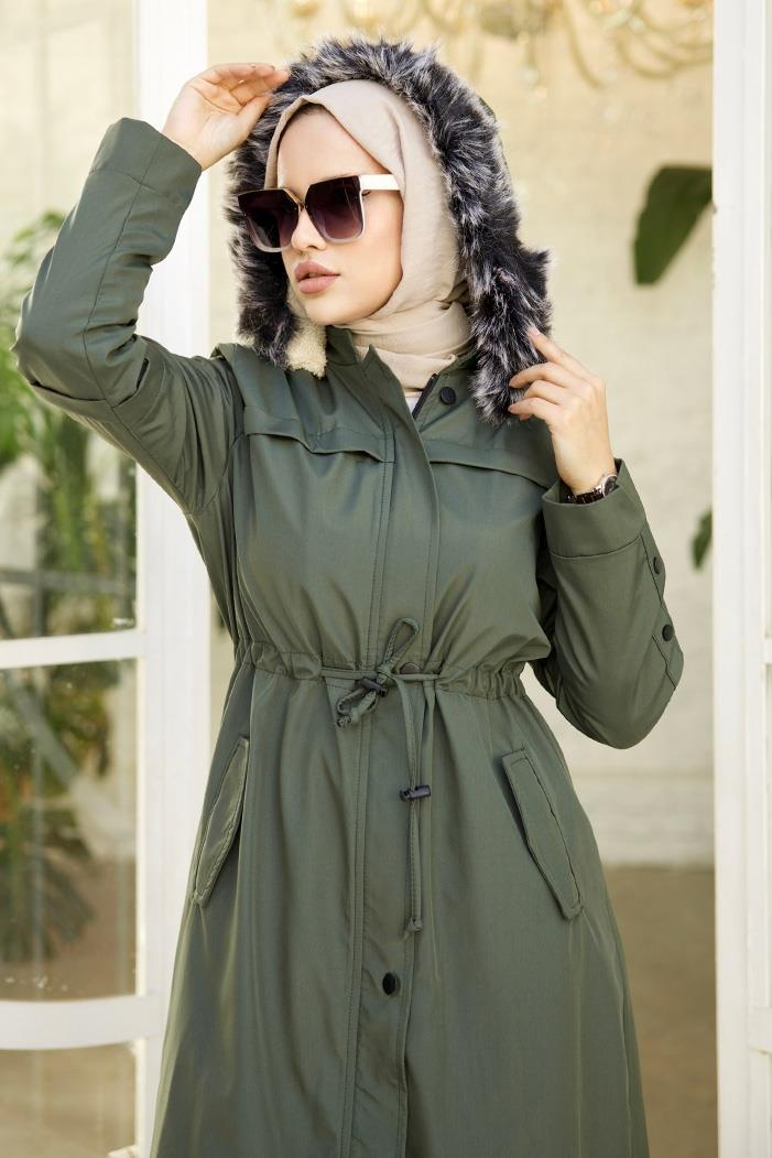 Eflal Tünel Kemerli Gizli Fermuarlı Tesettür Mont 403 - Haki