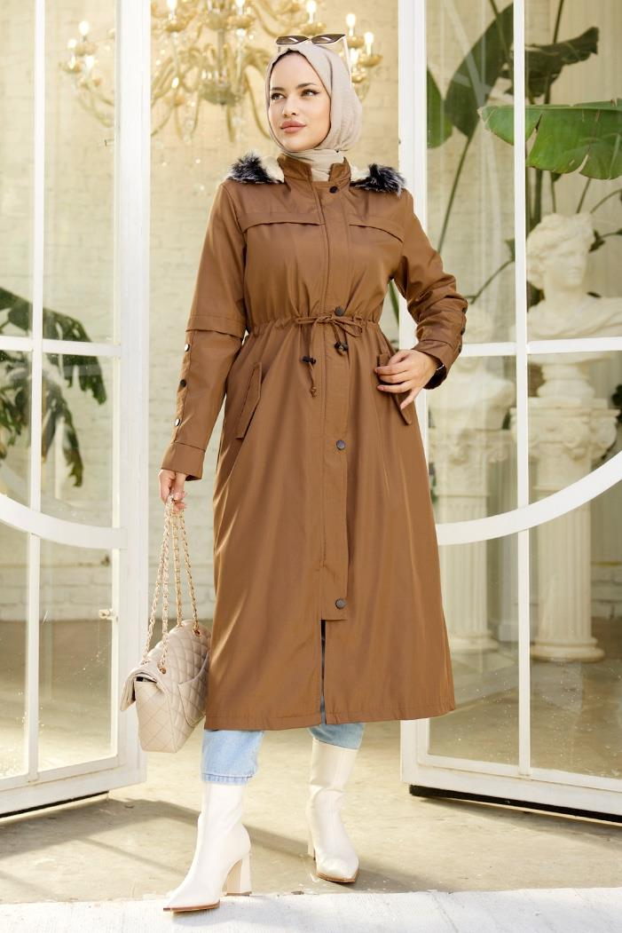 Eflal Tünel Kemerli Gizli Fermuarlı Tesettür Mont 403 - Taba