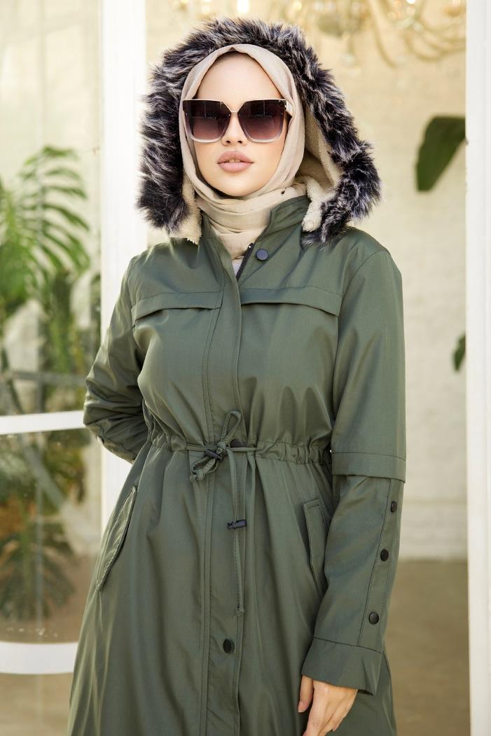 Eflal Tünel Kemerli Gizli Fermuarlı Tesettür Mont 403 - Haki