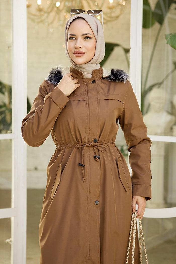 Eflal Tünel Kemerli Gizli Fermuarlı Tesettür Mont 403 - Taba