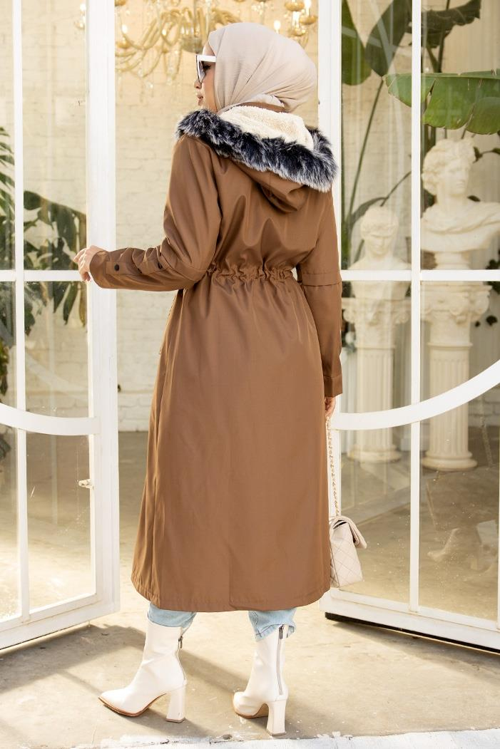 Eflal Tünel Kemerli Gizli Fermuarlı Tesettür Mont 403 - Taba