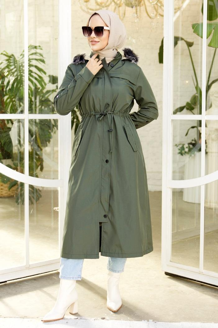 Eflal Tünel Kemerli Gizli Fermuarlı Tesettür Mont 403 - Haki