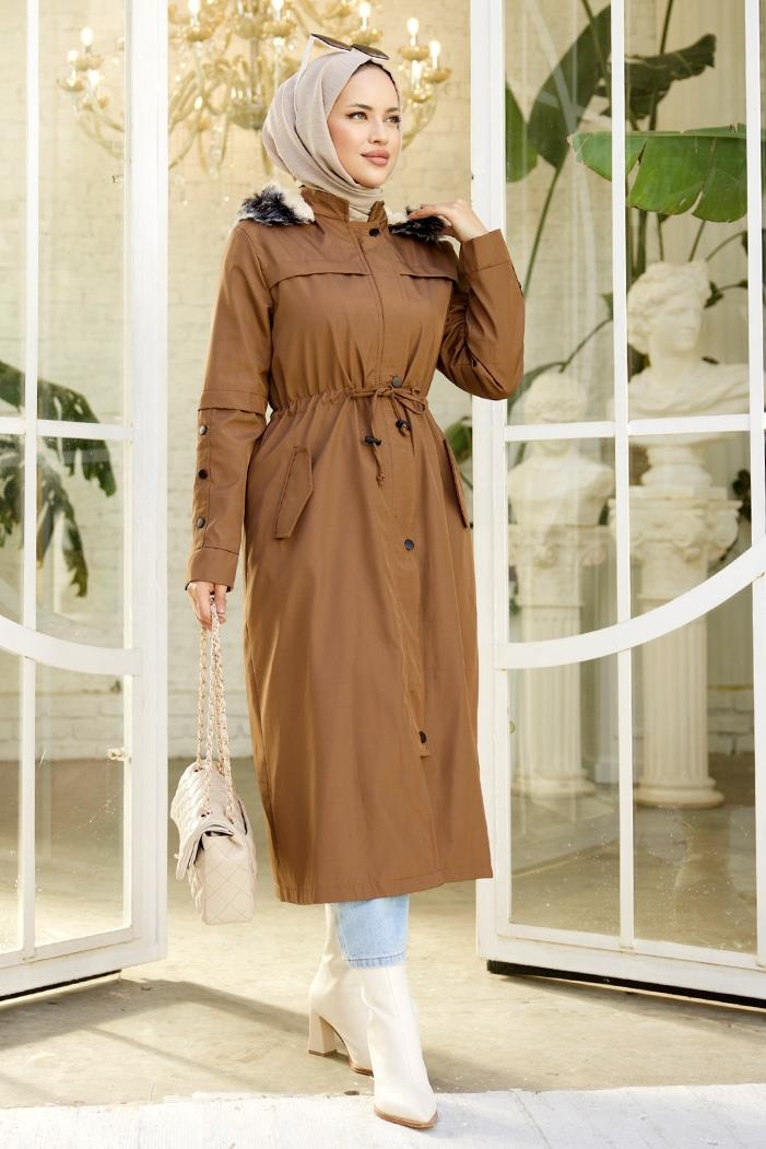 Eflal Tünel Kemerli Gizli Fermuarlı Tesettür Mont 403 - Taba