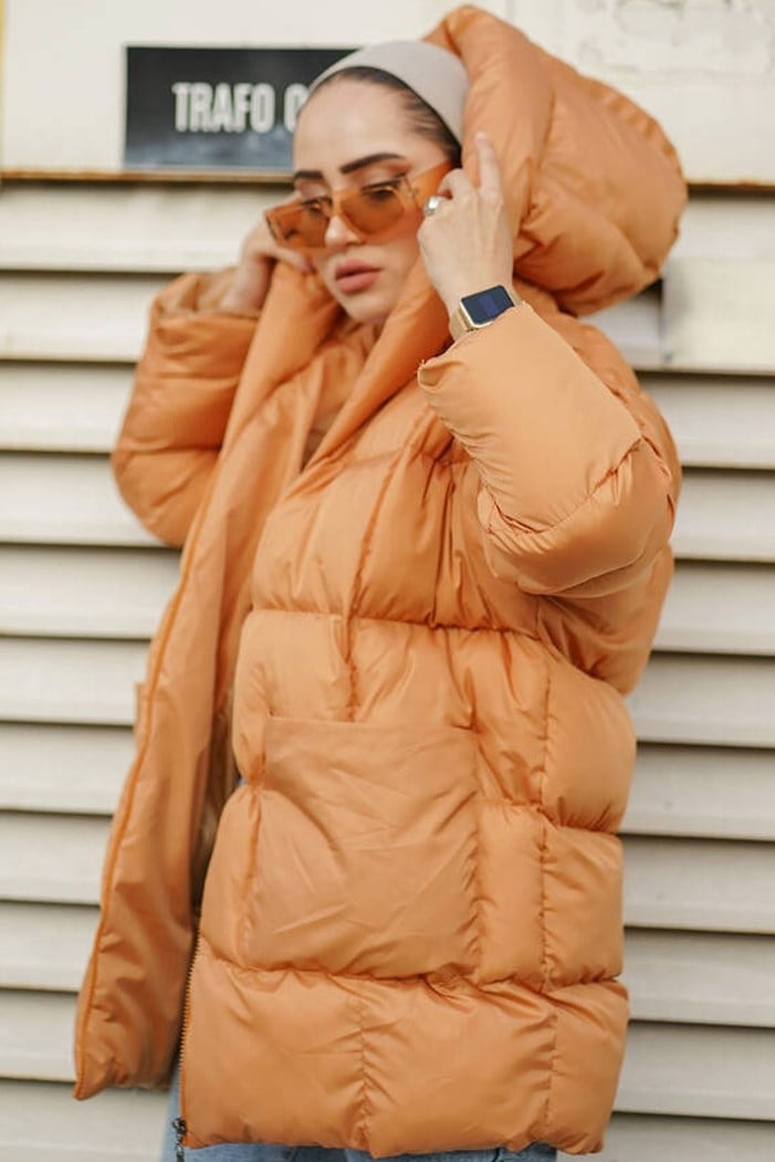 Efsa Çift Cepli Kapüşonlu Tesettür Şişme Mont 354 - Vizon