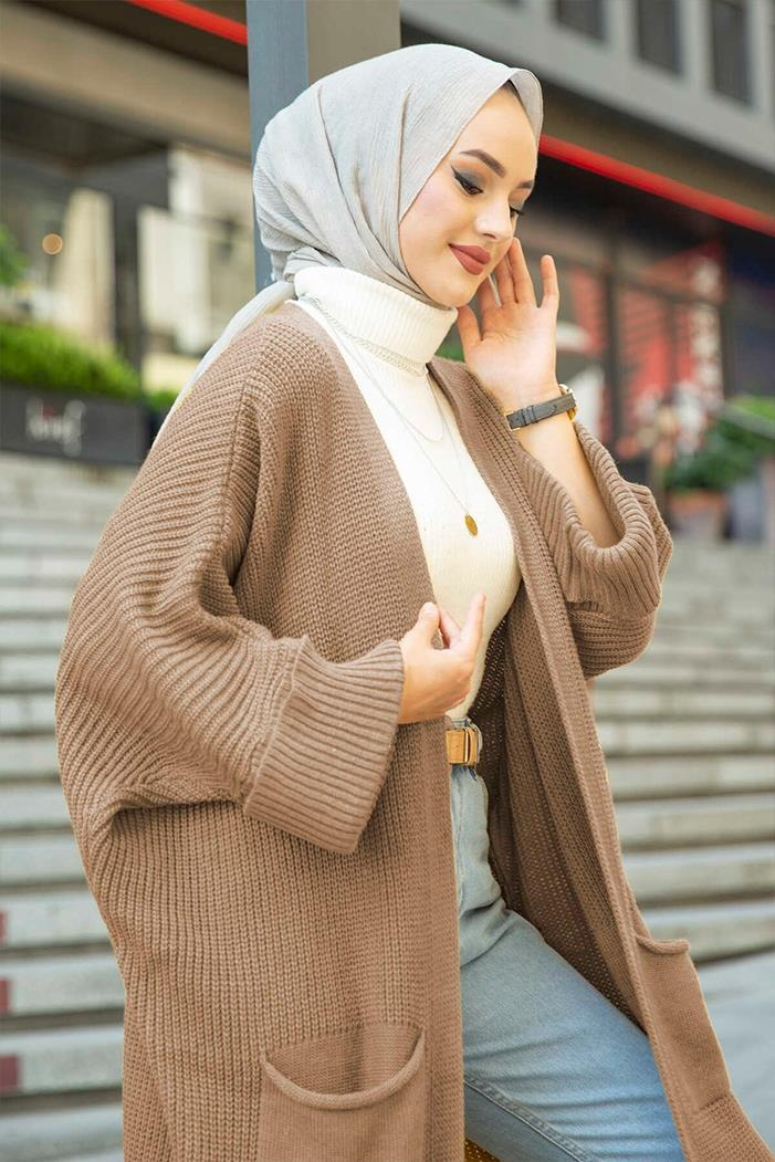 Eftalya Çift Cepli Uzun Triko Tesettür Hırka 329 - Vizon