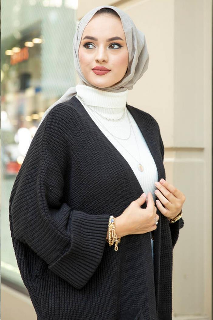 Eftalya Çift Cepli Uzun Triko Tesettür Hırka 329 - Siyah