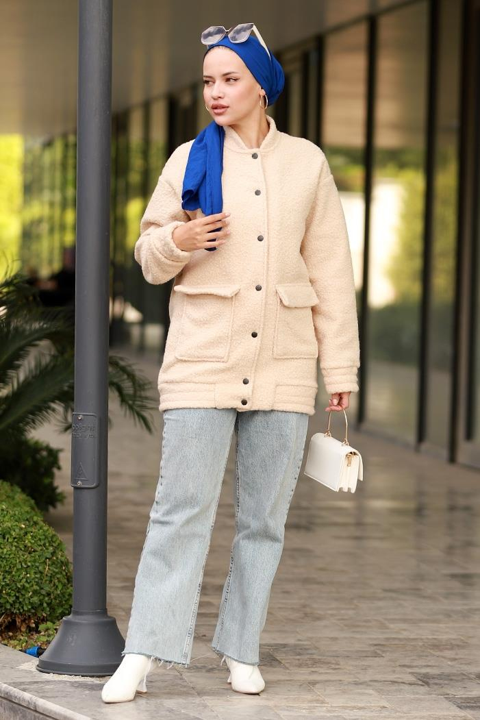 Elan Düğmeli Tesettür Kap 645 - Taş