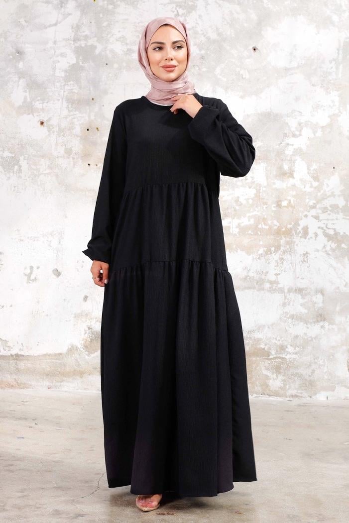 Elay Tam Boy Bürümcük Elbise 1251 - Siyah