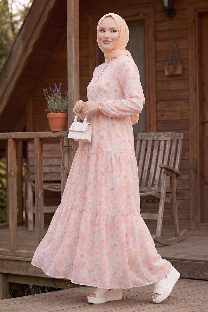 Elera Desenli Yarasa Kol Tesettür Elbise 1572 - Pembe