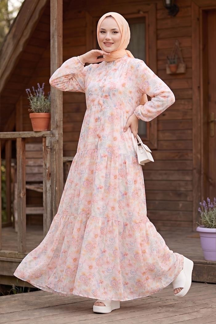 Elera Desenli Yarasa Kol Tesettür Elbise 1572 - Pembe