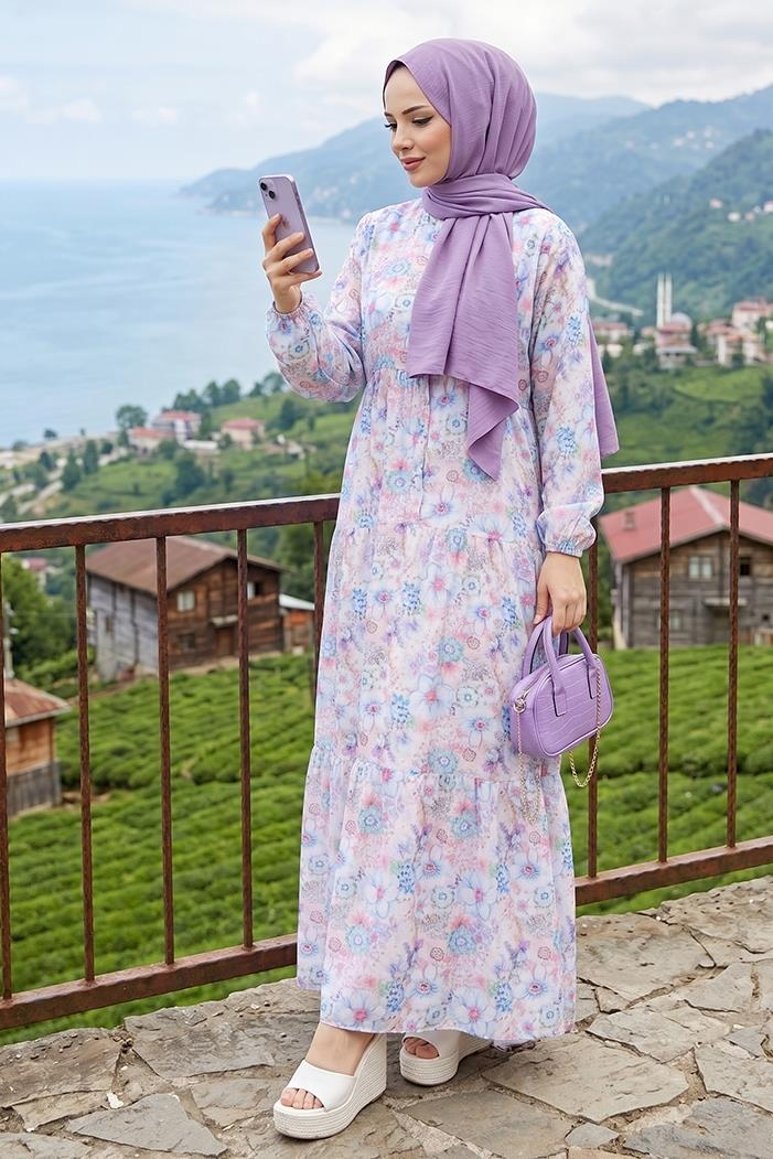 Elera Desenli Yarasa Kol Tesettür Elbise 1572 - Lila
