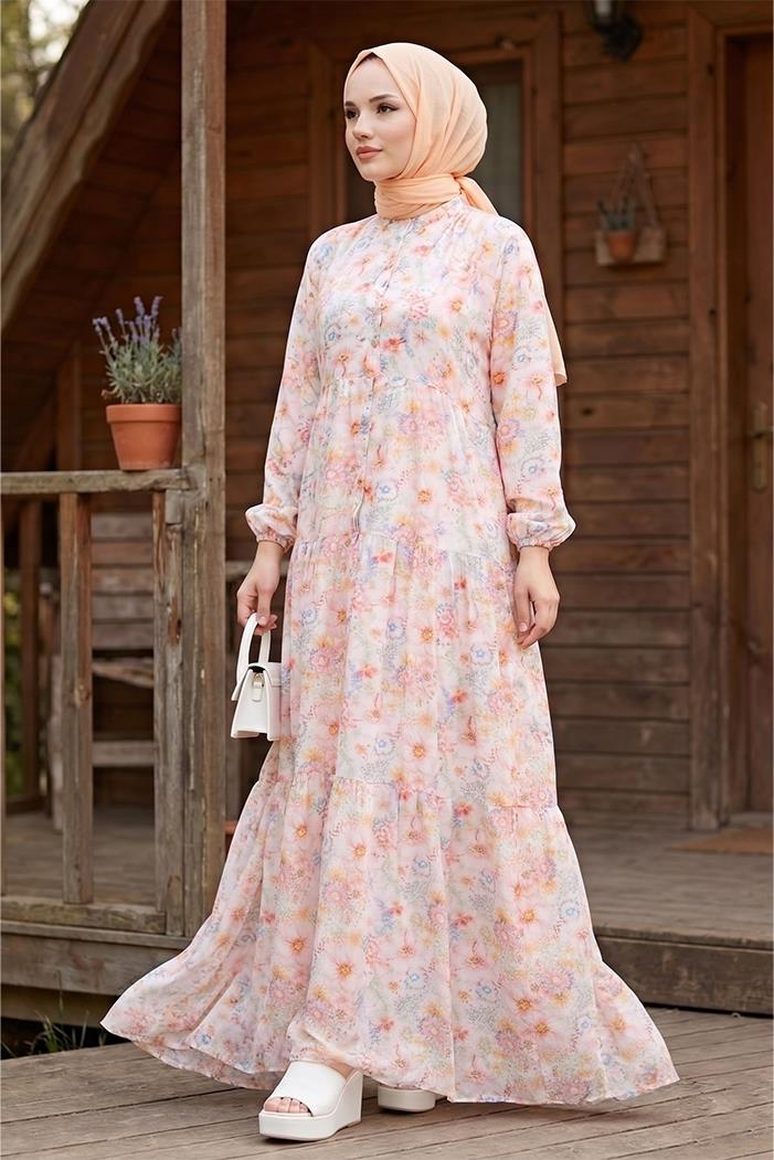 Elera Desenli Yarasa Kol Tesettür Elbise 1572 - Pembe