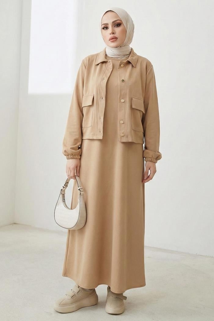 Elmina Ceket Elbise Scuba İkili Takım 1673 - Taş