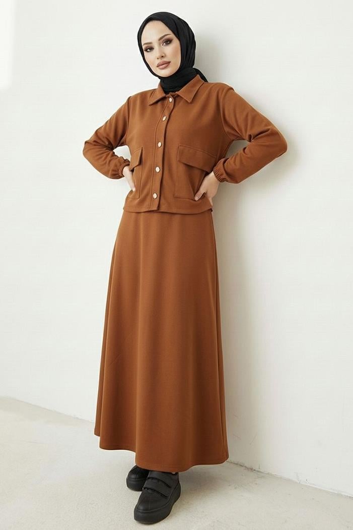 Elmina Ceket Elbise Scuba İkili Takım 1673 - Taba