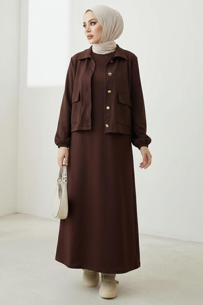 Elmina Ceket Elbise Scuba İkili Takım 1673 - Kahve